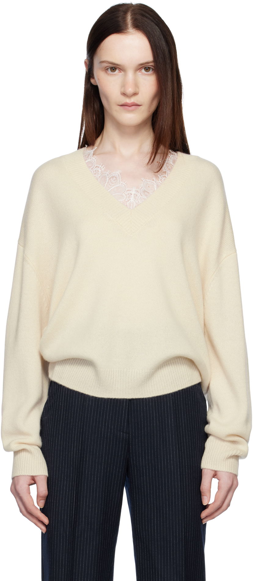 Villapaita Anine Bing ANINE BING Lee Lace-Trim V-Neck Sweater Beige | A-09-3280-101