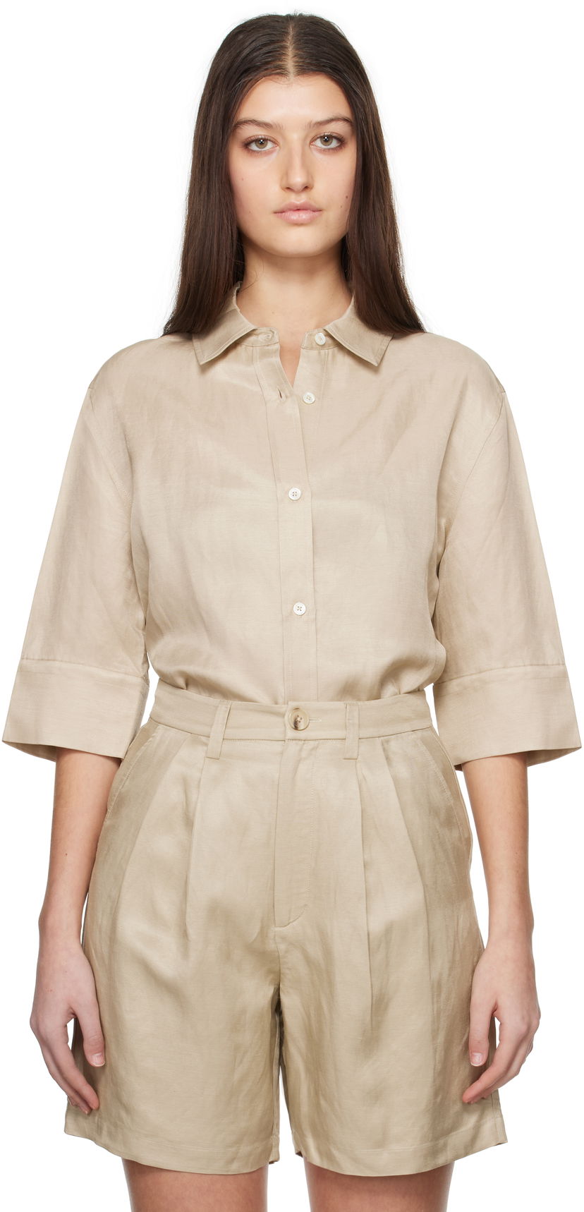 Shortsit Anine Bing Anine Bing Mary Linen Collared Shirt Beige | A-07-10803-OMA10