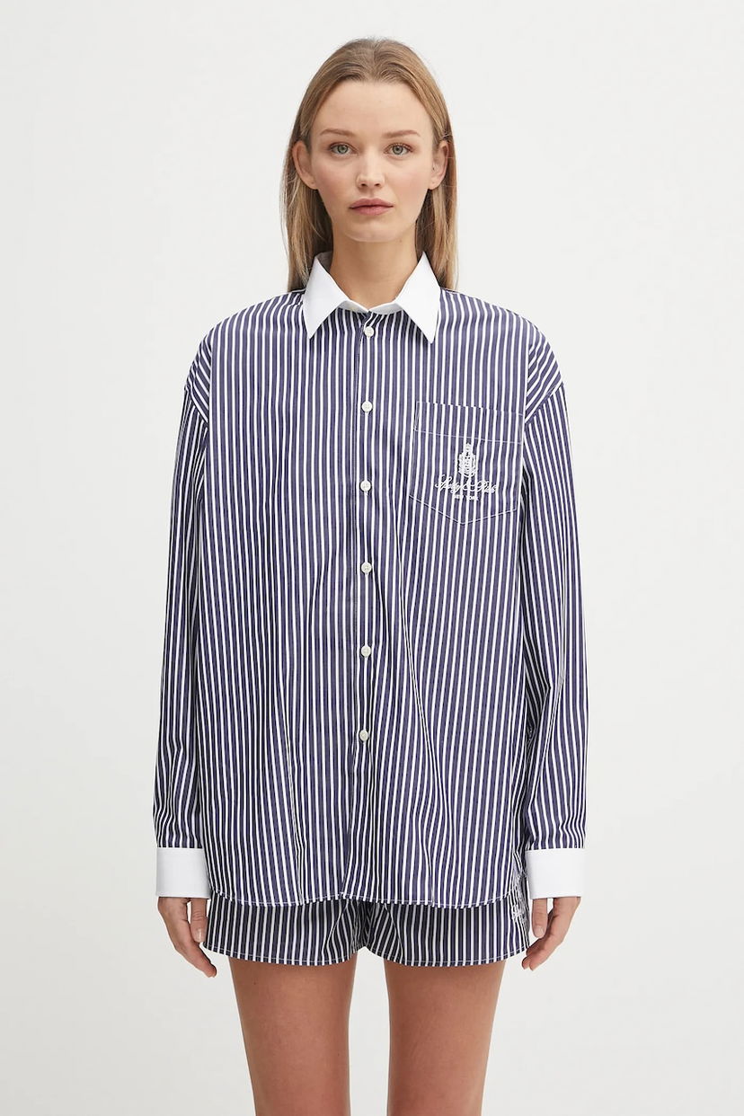 Paita Sporty & Rich Sporty & Rich Vendome Oversized Relaxed Striped Cotton Shirt with Classic Collar Tummansininen | SI019602231ST02