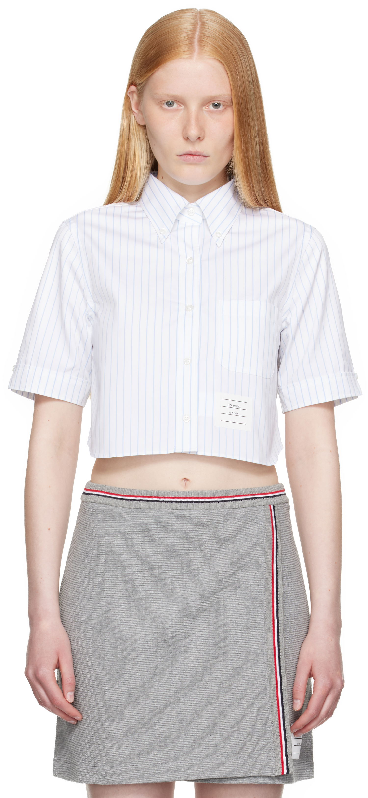 Paita Thom Browne Thom Browne Pinstripe Poplin Cropped Short Sleeve Shirt Valkoinen | FLL205A-F0916, 0