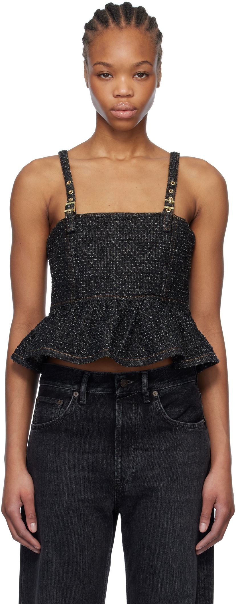 Crop top GANNI Ganni Fluffy Denim Strap Top Musta | J1615