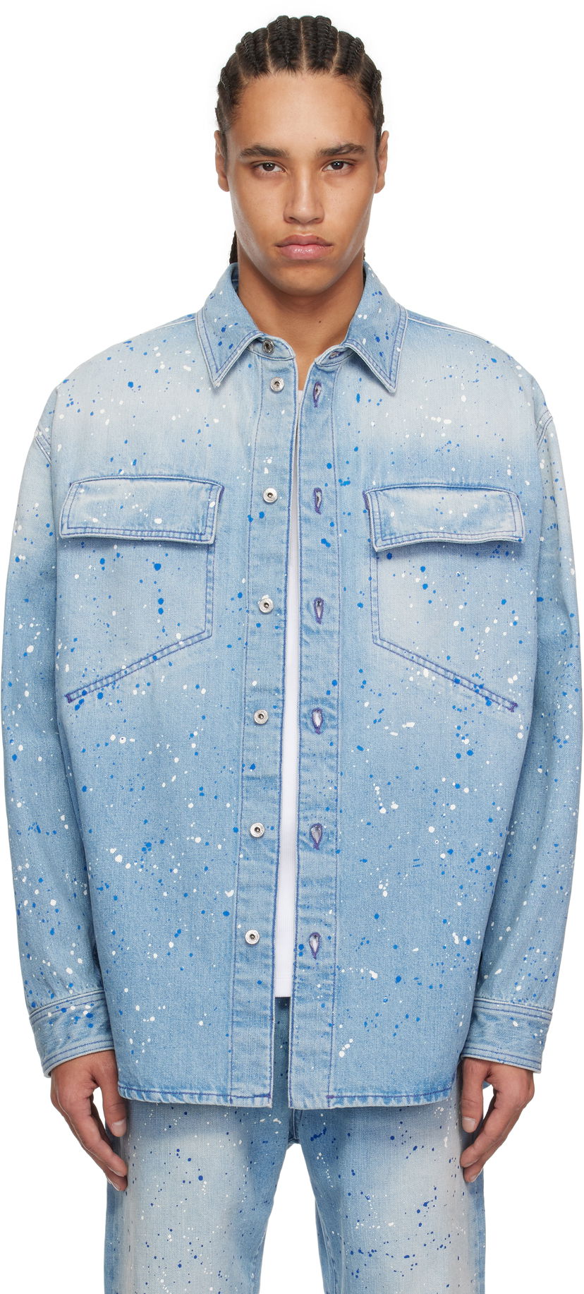 Paita Off-White Off-White Paint Splatter Denim Shirt Sininen | OMYD05HS25DEN0024684