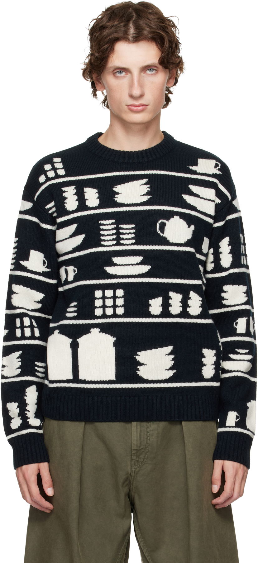 Villapaita JW Anderson Crockery Jacquard Sweater Tummansininen | KW1431-YN0379