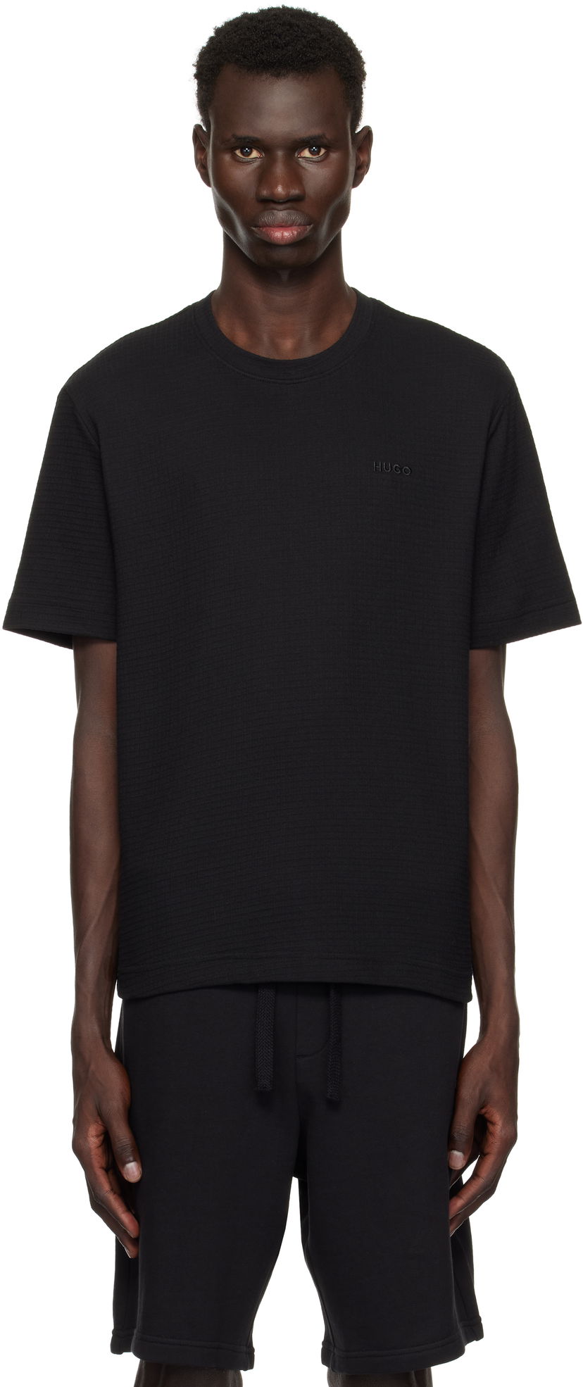 T-paita BOSS Hugo Waffle-Structured Logo Embroidered T-Shirt Musta | 50532011