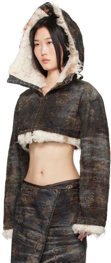 Takki Diesel Cropped Distressed Denim Jacket with Faux Fur Musta | A17128 0ABCW, 3