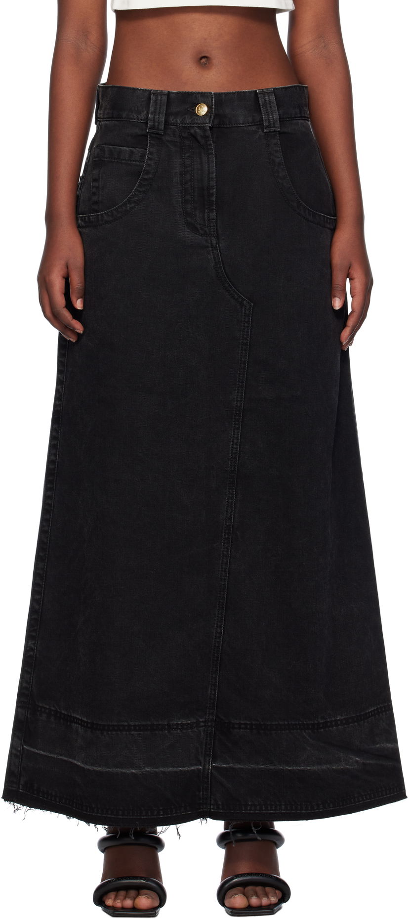Hame Palm Angels Split Denim Maxi Skirt Musta | PWYF016F24DEN0011010