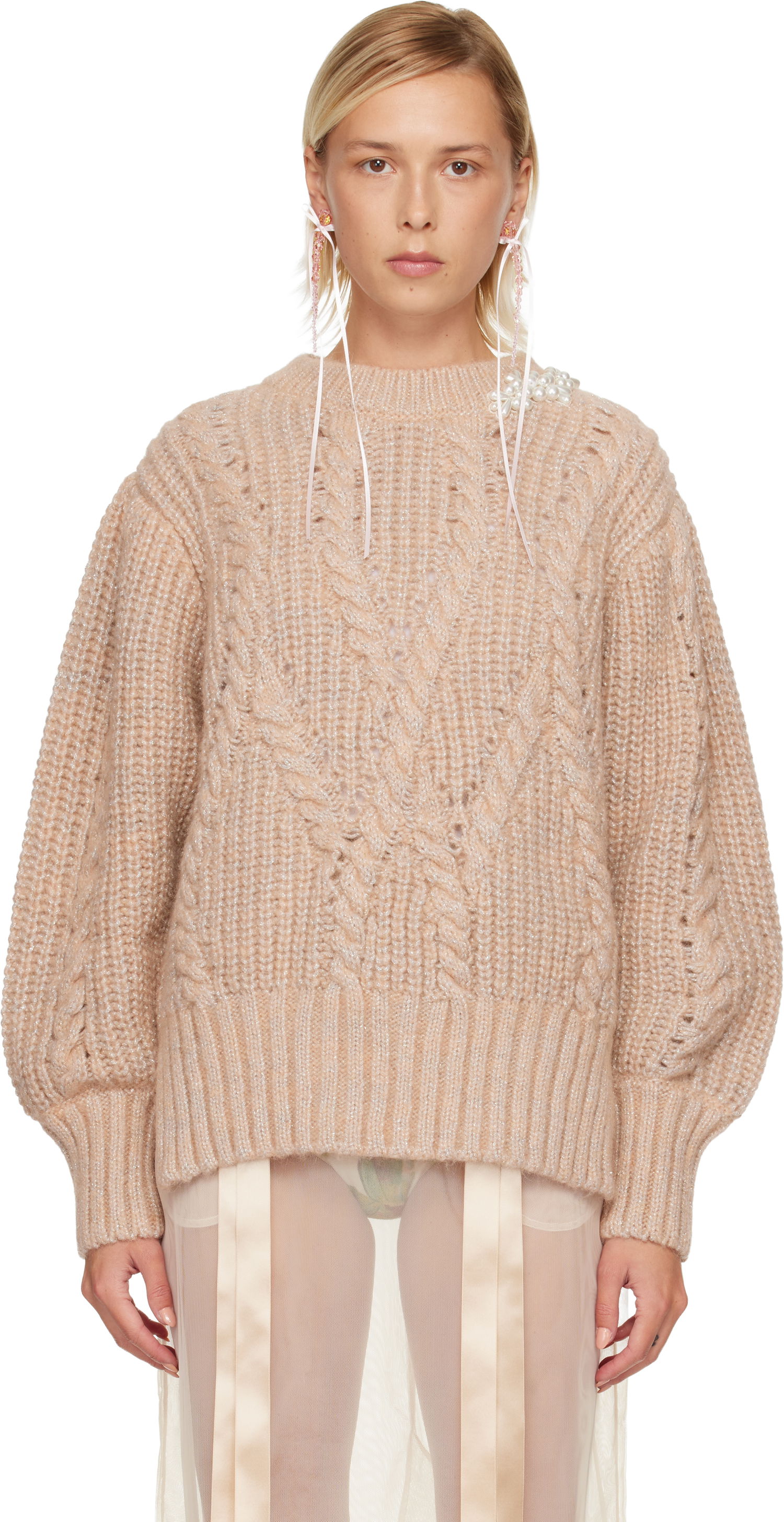 Villapaita Simone Rocha Simone Rocha Embellished Puff Sleeve Chunky Knit Sweater Beige | MZMK4B 0665, 0