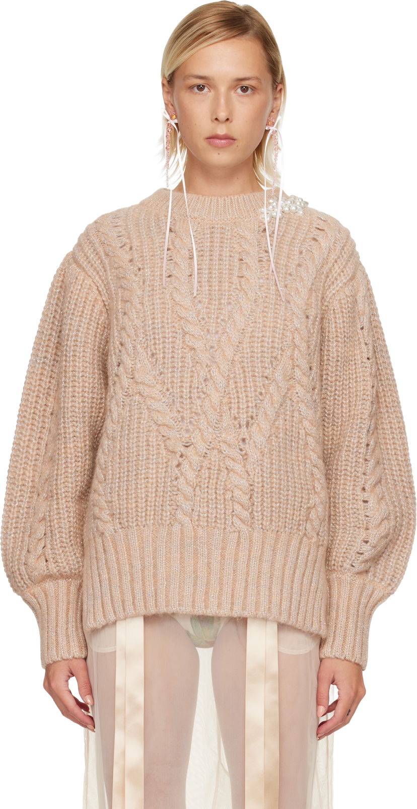 Villapaita Simone Rocha Simone Rocha Embellished Puff Sleeve Chunky Knit Sweater Beige | MZMK4B 0665
