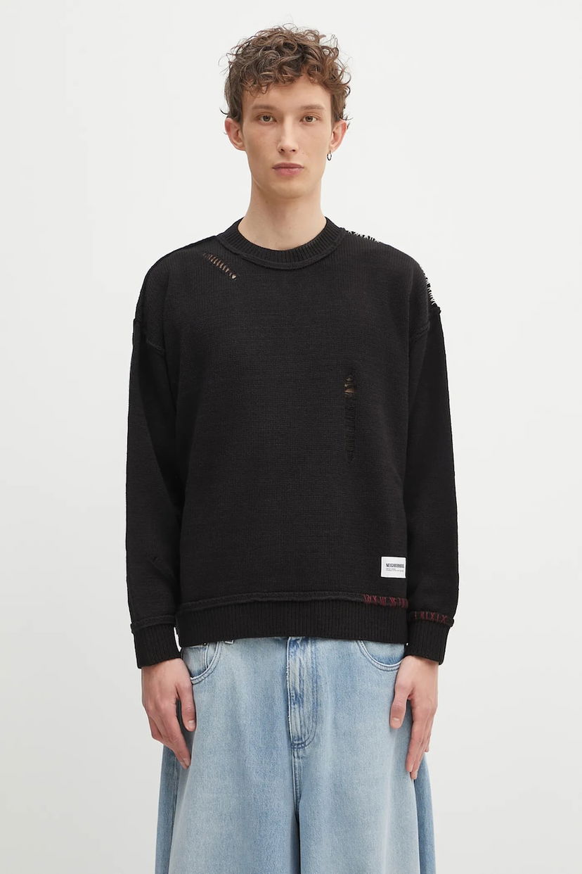 Villapaita Neighborhood NEIGHBORHOOD Savage Crewneck Distressed Sweater Musta | 242FUNH.KNM01