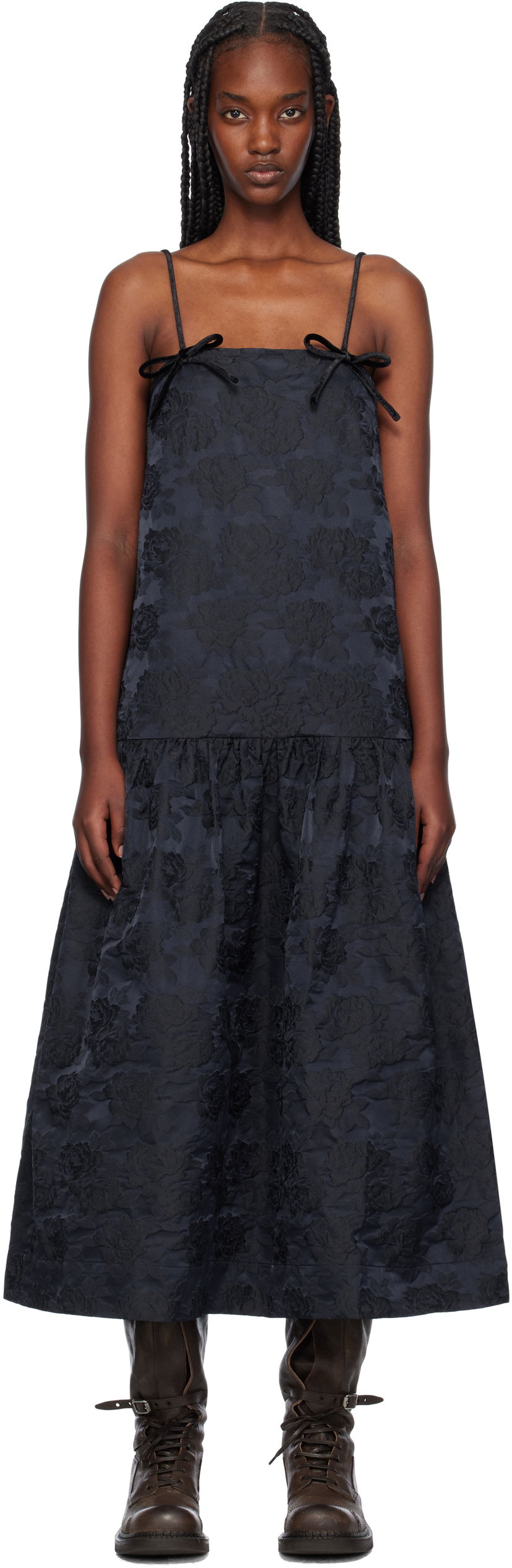 Mekko GANNI Botanical Jacquard Strap Midi Dress Musta | F9705