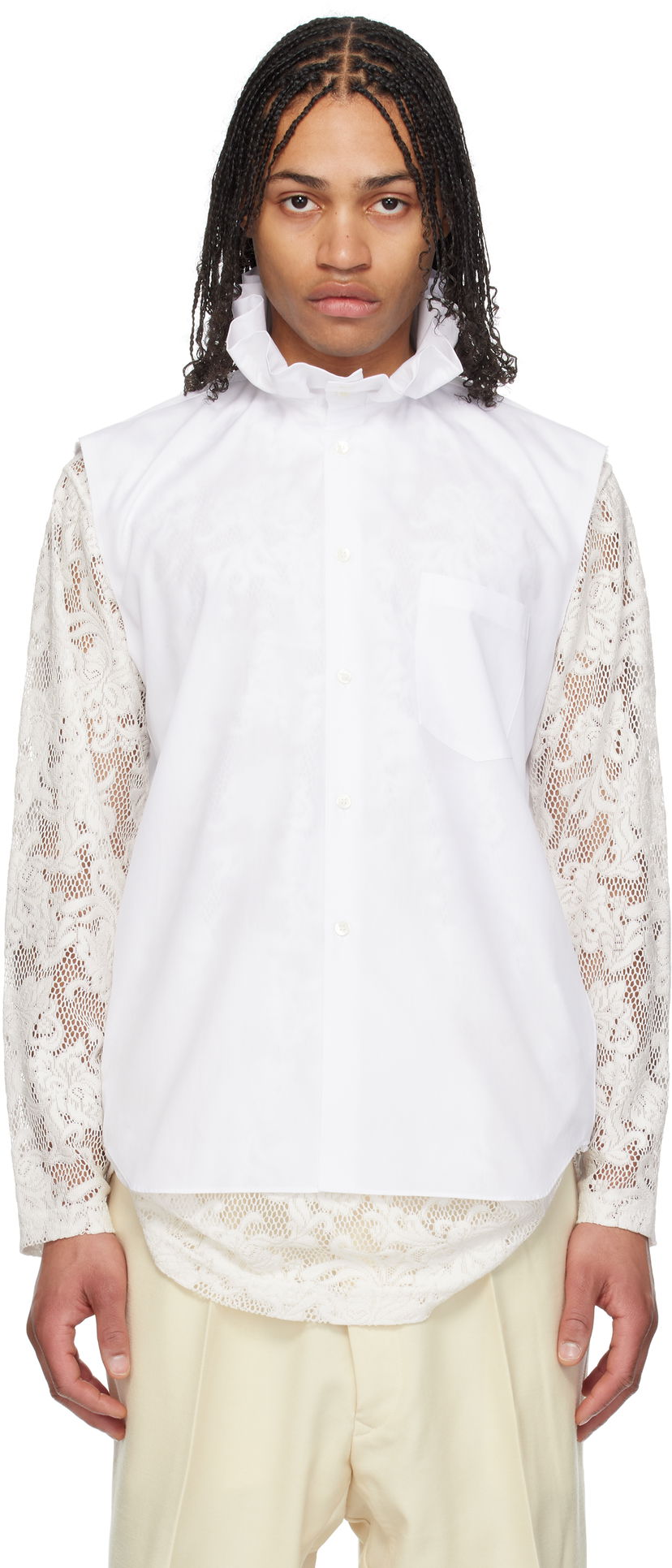Paita Comme des Garçons Comme des Garçons Homme Plus Cotton Sleeveless Shirt with Lace Sleeves Valkoinen | PO-B029-051