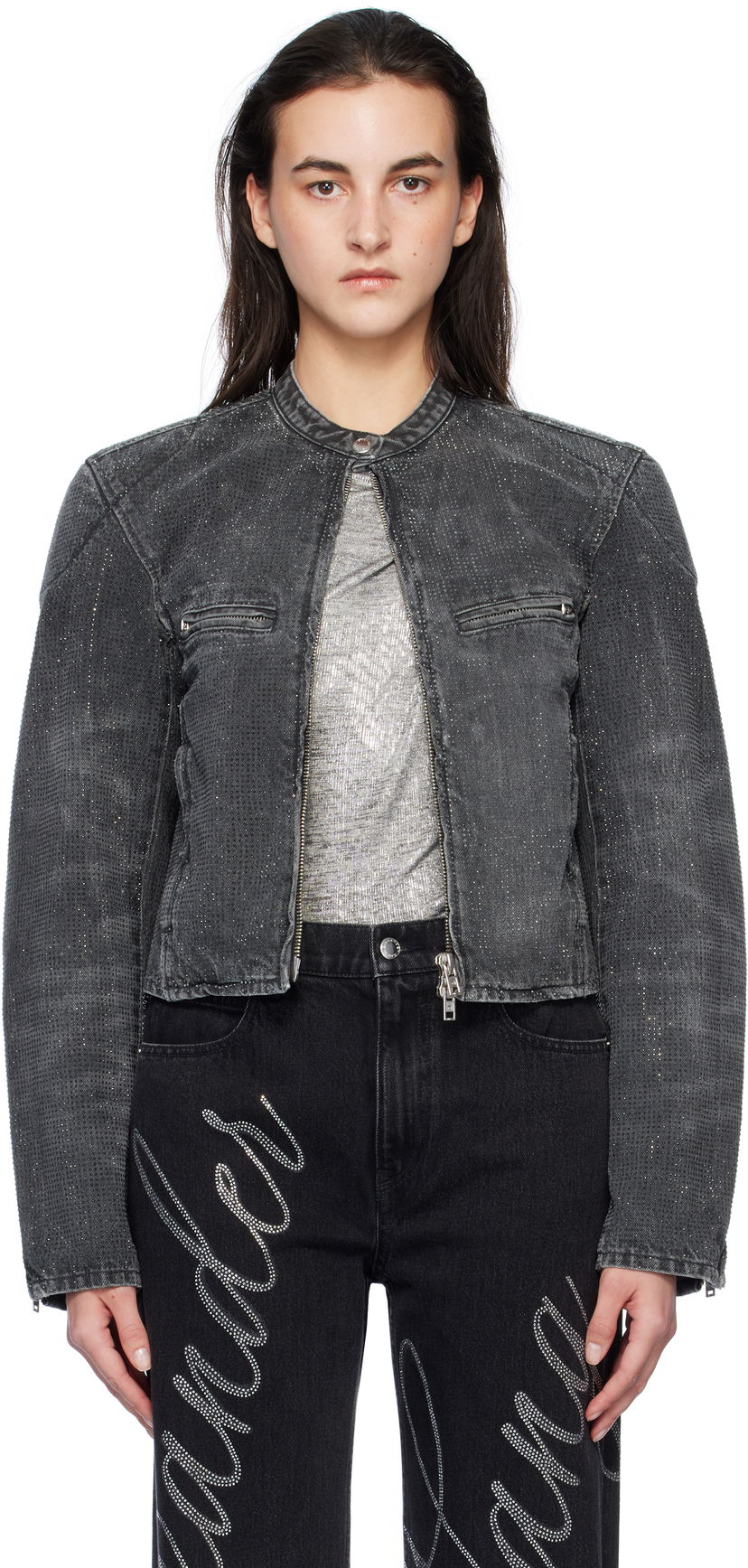 Bomber-takki Alexander Wang Crystal Embellished Moto Jacket Musta | 1WC4242492