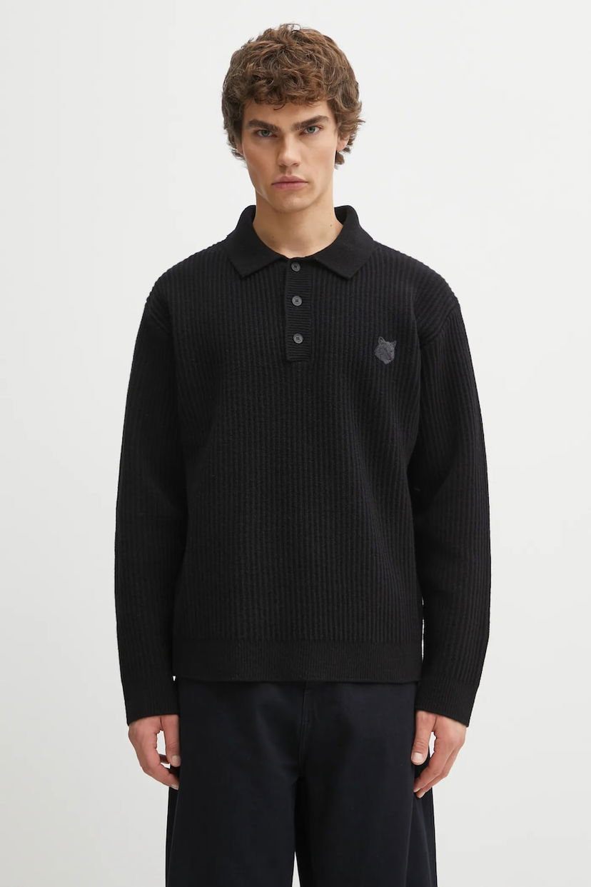 Poolopaita MAISON KITSUNÉ Fox Head Wool Ribbed Polo Musta | PM00213KT1149