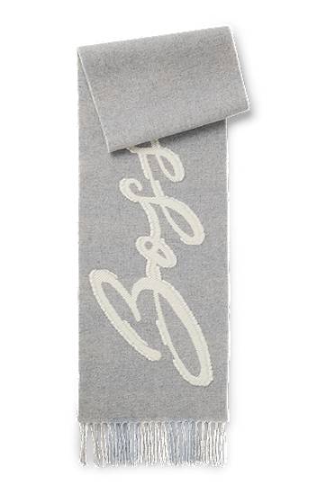Huivi BOSS Wool-blend Scarf with Script Logo and Fringes Harmaa | 50558654, 0