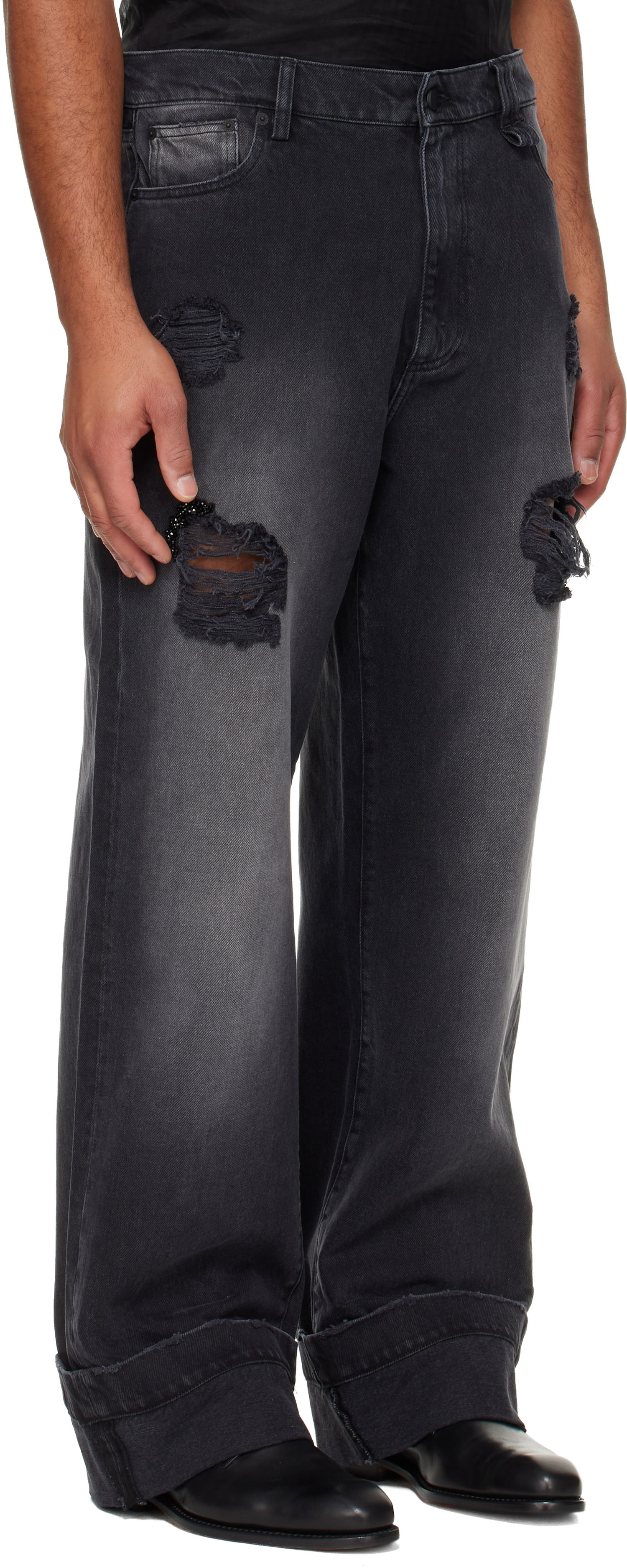 Jeans Simone Rocha Simone Rocha Embellished Distressed Wide-Leg Cuffed Jeans Musta | 4161B 1239D, 1