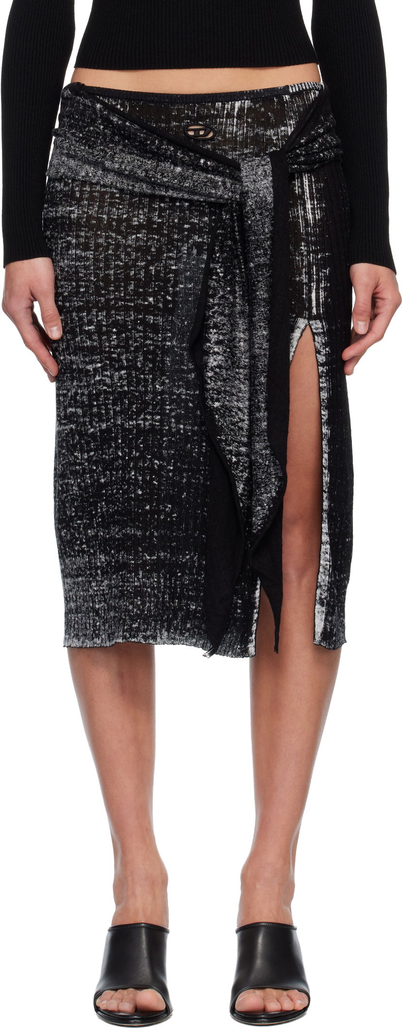 Hame Diesel M-Eganoid Marled Ribbed Draped Slit Midi Skirt Musta | A18865 0BJBR