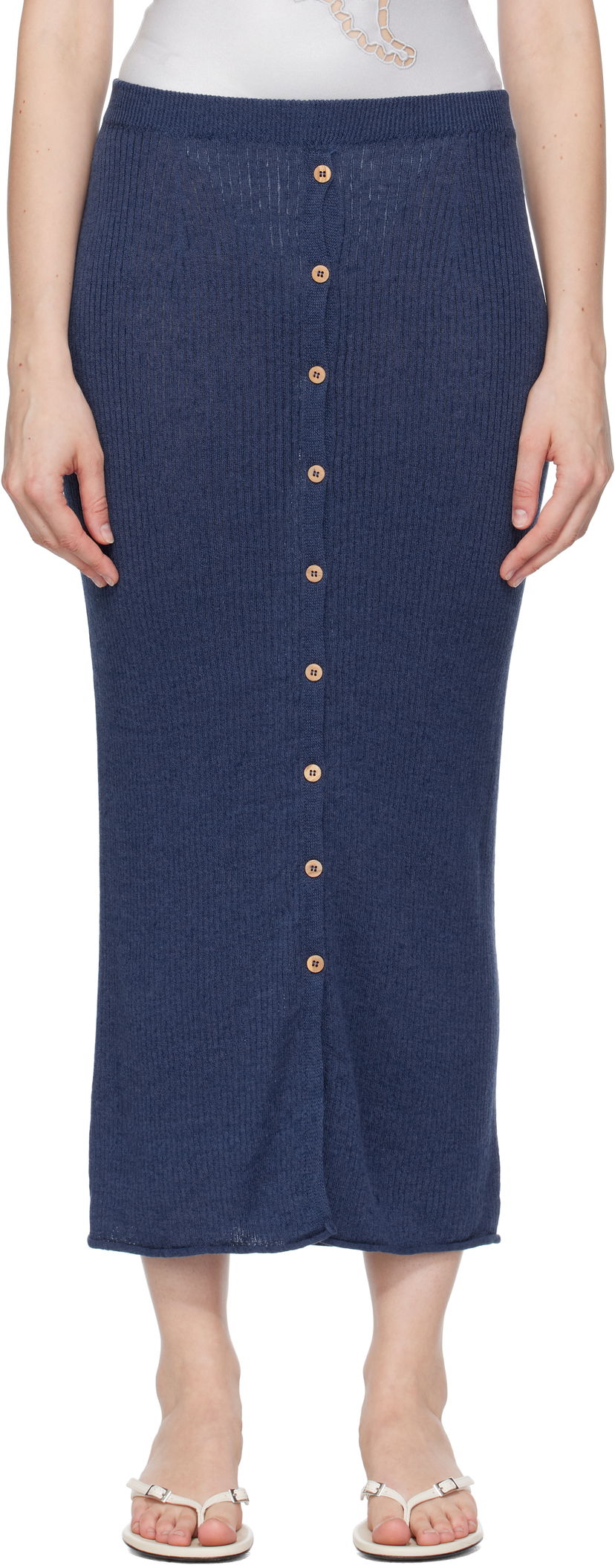 Hame Baserange Baserange Ribbed Knit Midi Skirt with Button Closure Tummansininen | SKDR-LI-SU25
