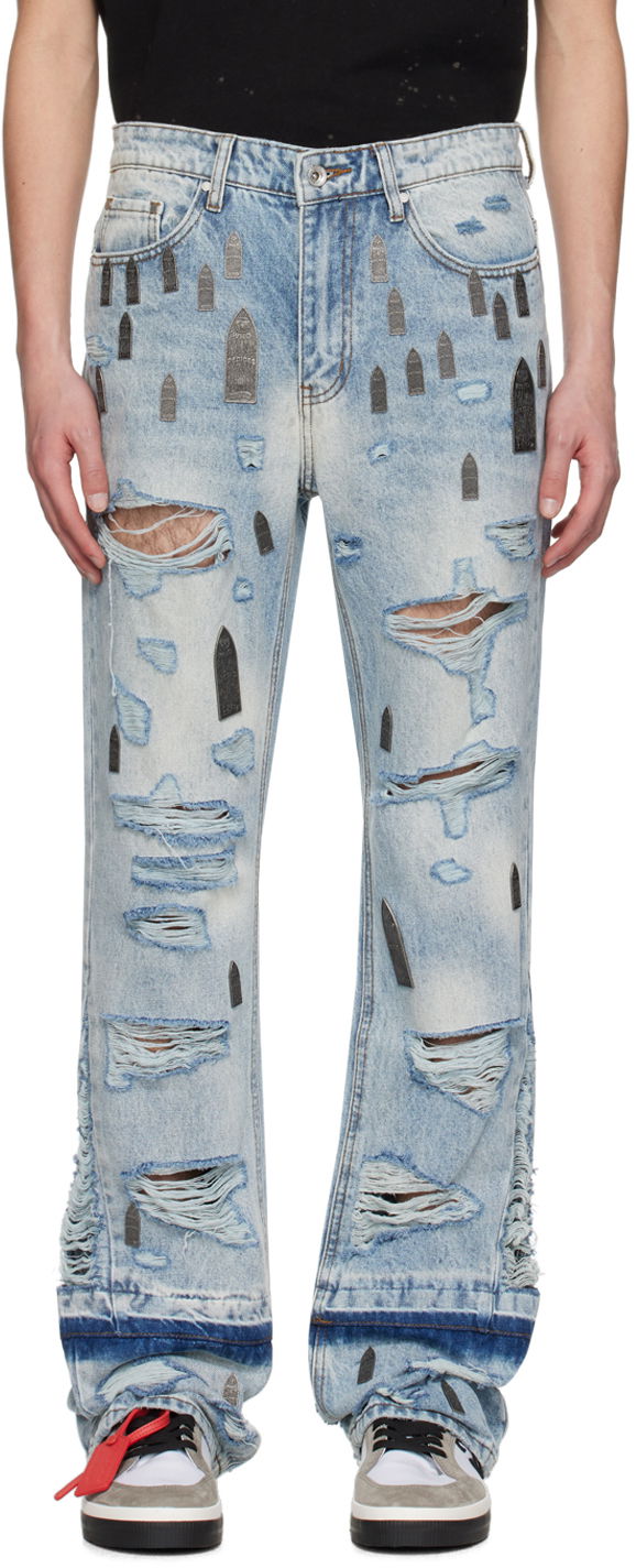 Jeans Who Decides War Amplified Gnarly Flared Jeans with Tombstone Appliqués Sininen | 1120800008SS24