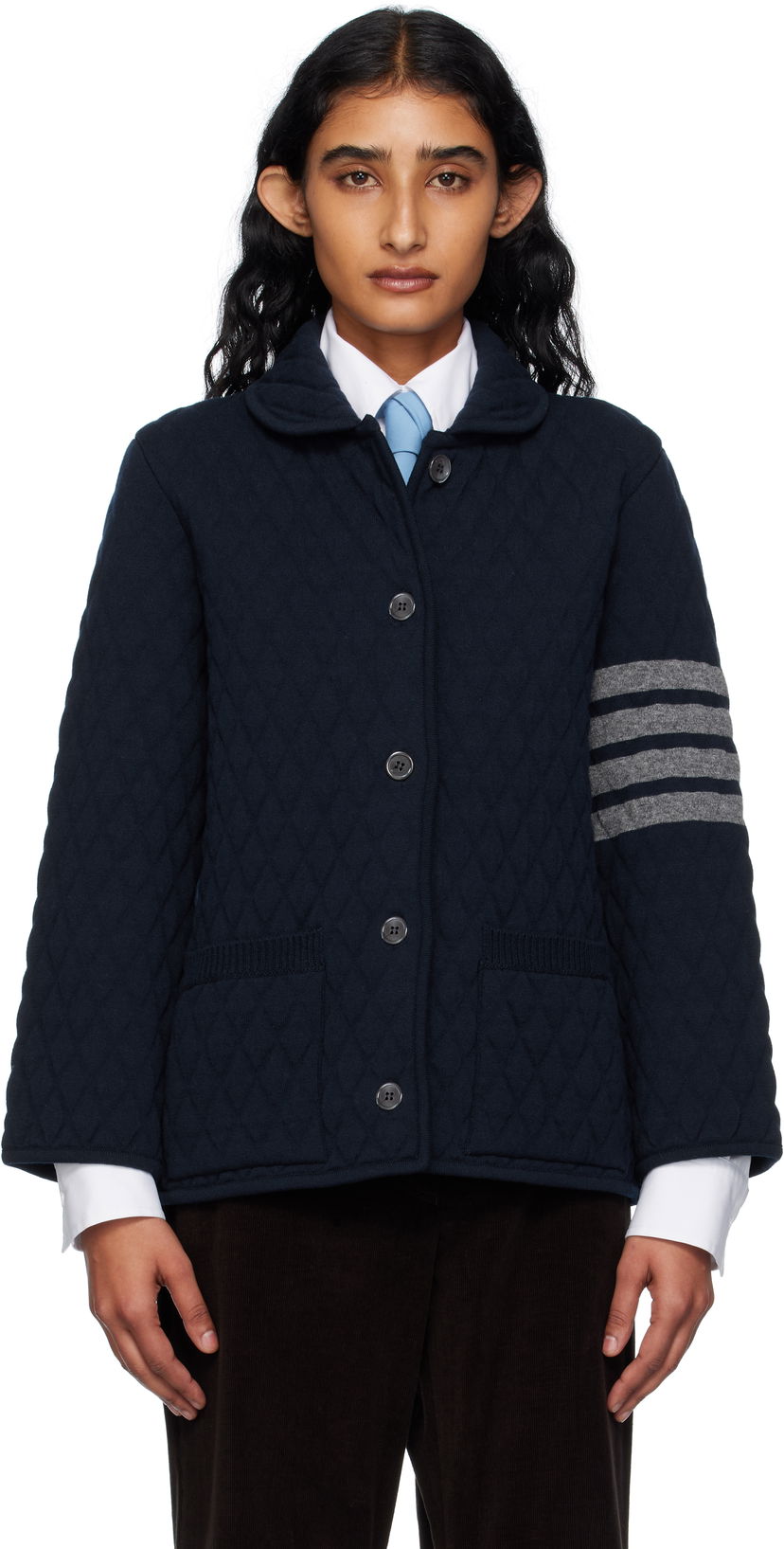 Takki Thom Browne Thom Browne Quilted Knit Merino Wool 4-Bar Work Jacket Tummansininen | FKJ117A-Y1029