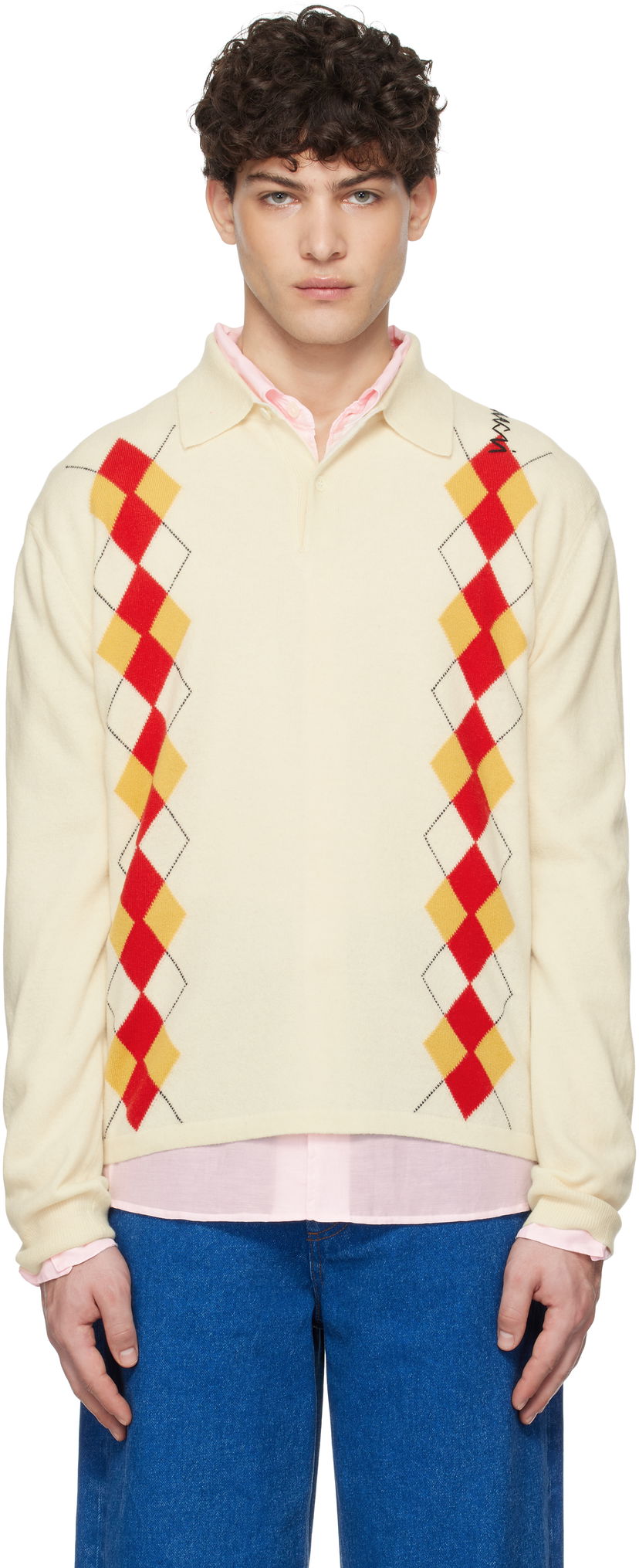 Villapaita Marni Marni Argyle Detail Knit Polo Shirt Beige | POMG0072Q2 UFH546