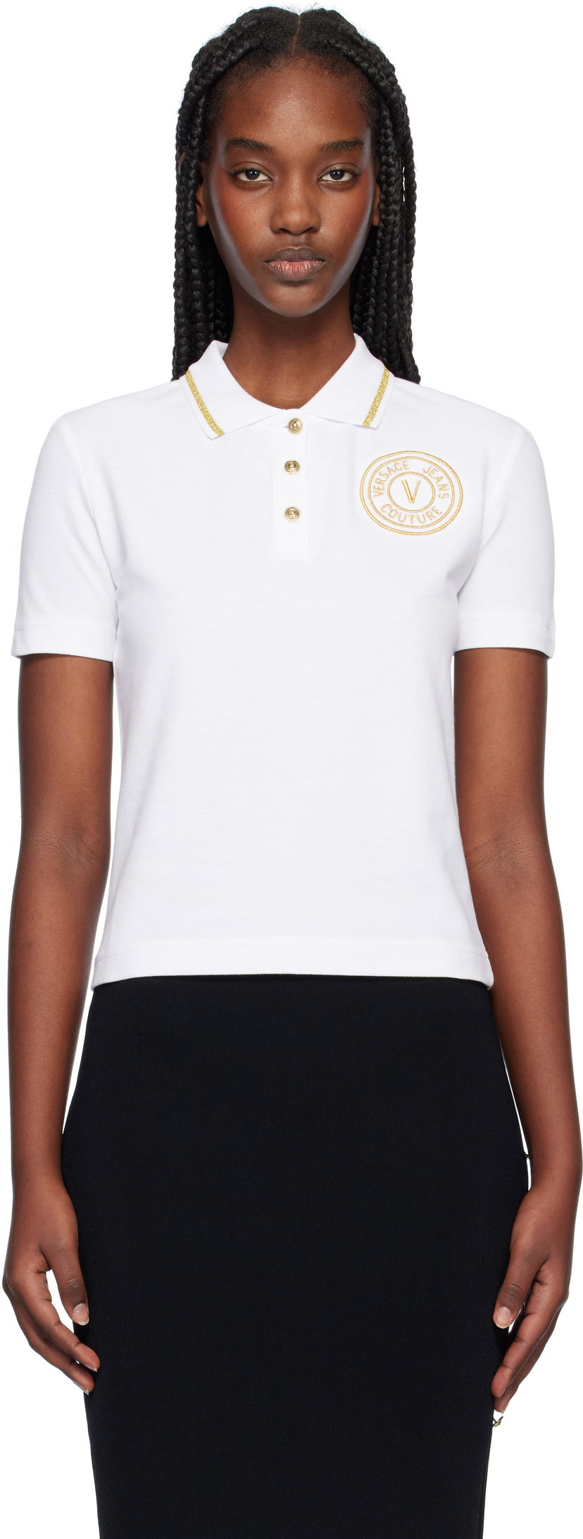 Poolopaita Versace White Cropped Polo with Gold Emblem Valkoinen | E77HAGT00_ECJ01T