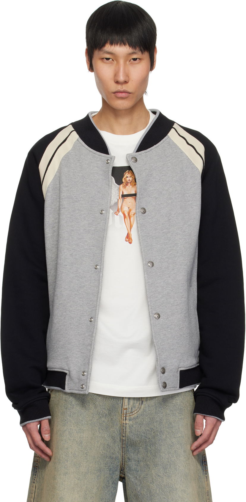 Bomber-takki Palm Angels Palm Angels Varsity Bomber Jacket Harmaa | PMEK010S25FAB0010810