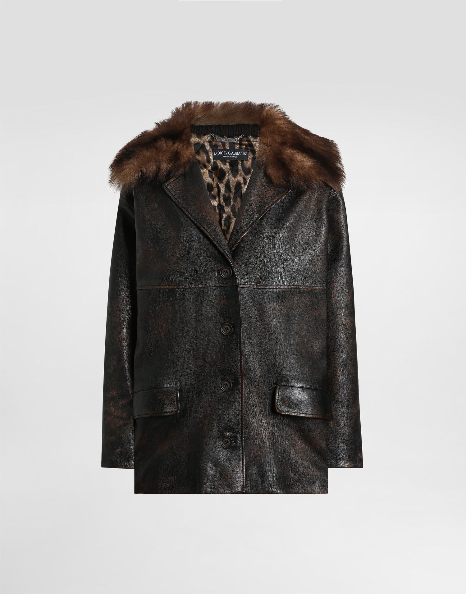 Takki Dolce & Gabbana Dolce & Gabbana Leather Jacket with Fur Collar and Leopard Print Lining Ruskea | F9S72LHULXVM0022, 0