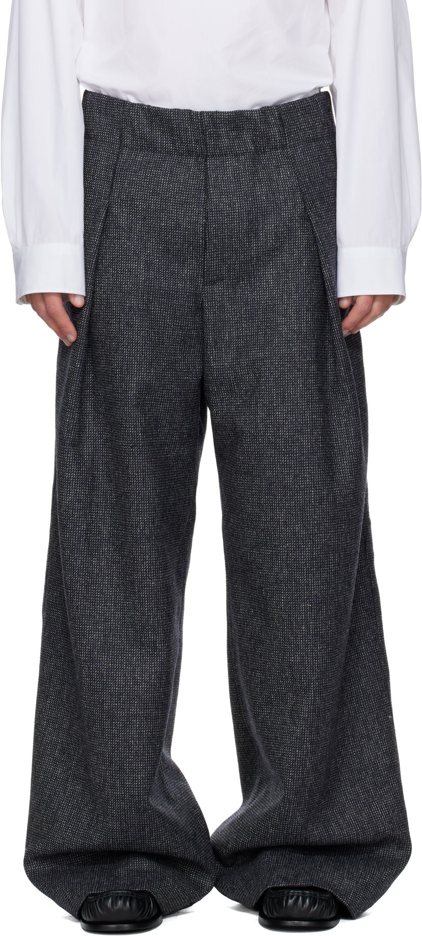 Housut Dries Van Noten Pleated Wide-Leg Wool Trousers with Textured Weave Harmaa | 252-020907-2194