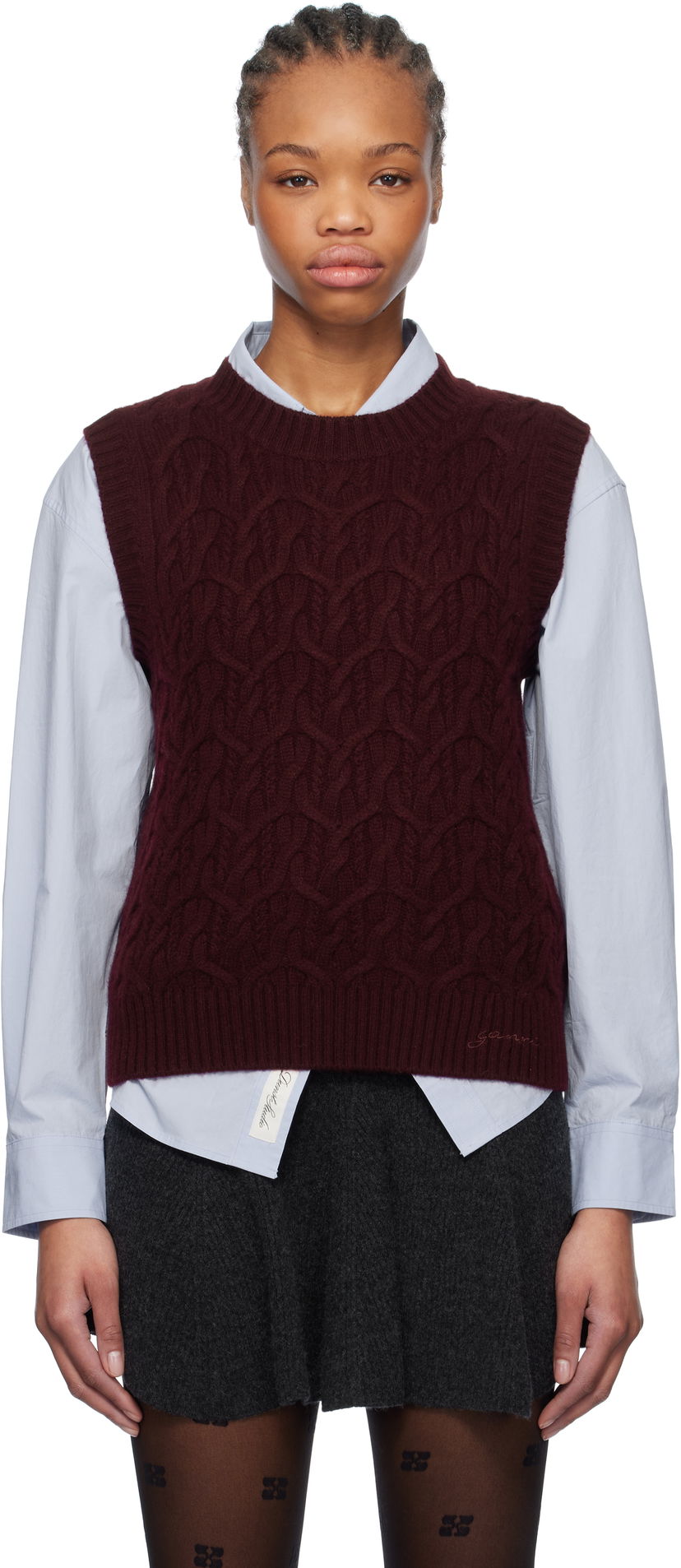Villapaita GANNI GANNI Wool Cashmere Cable Knit Vest Burgundia | K2350