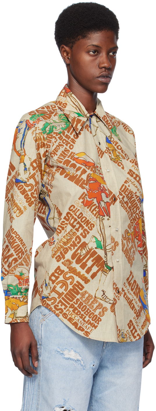 Paita ERL Brown Graphic-Print Cotton Button-Up Shirt Beige | ERL07B006, 1