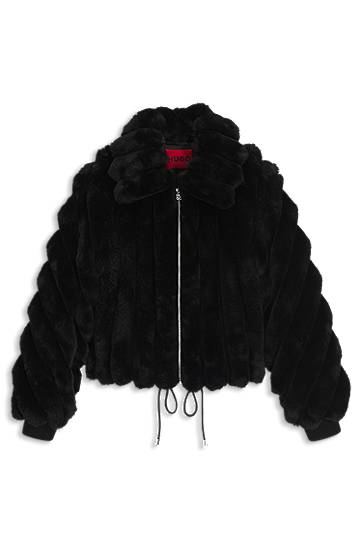 Takki BOSS Cropped Faux-Fur Jacket with Adjustable Drawstring Hem and Full Zip Musta | 50546815, 0