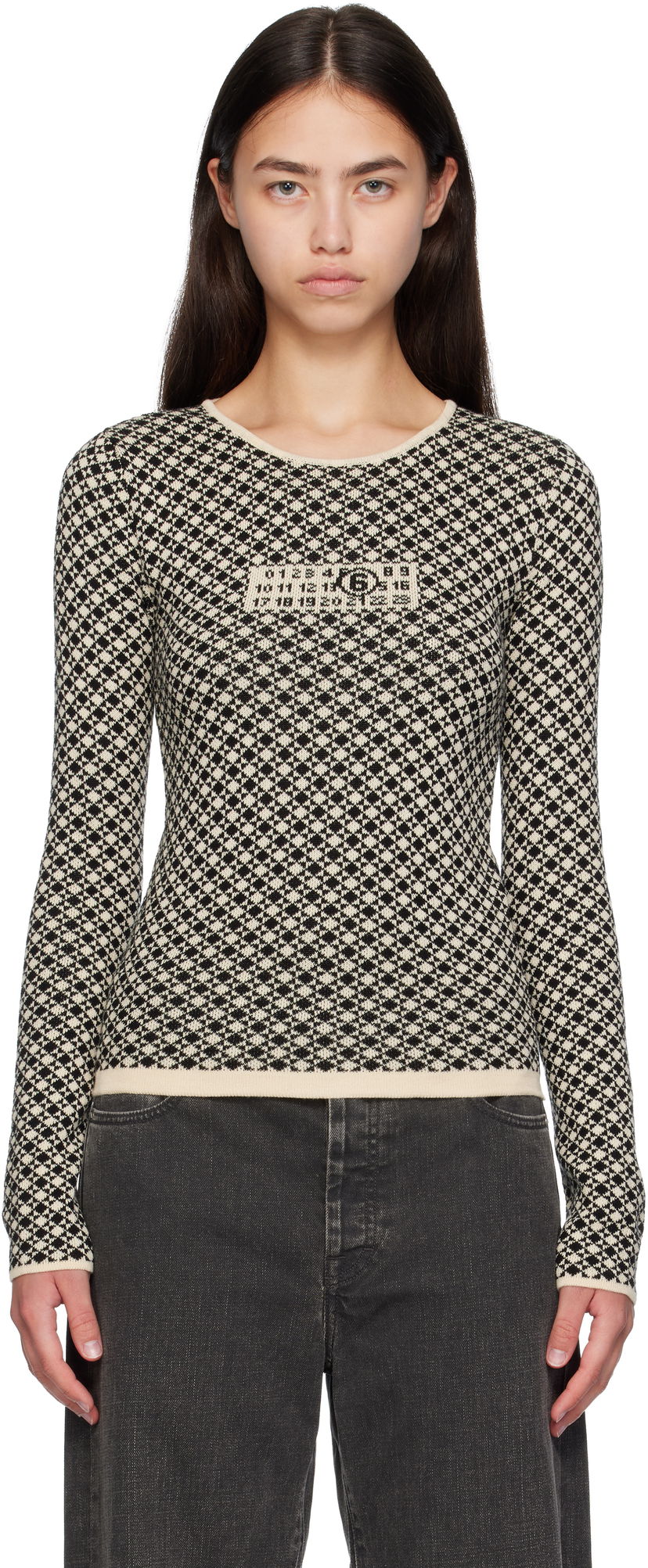 Villapaita Maison Margiela MM6 Maison Margiela Allover Check Knit Sweater Beige | S52HL0050 M13137