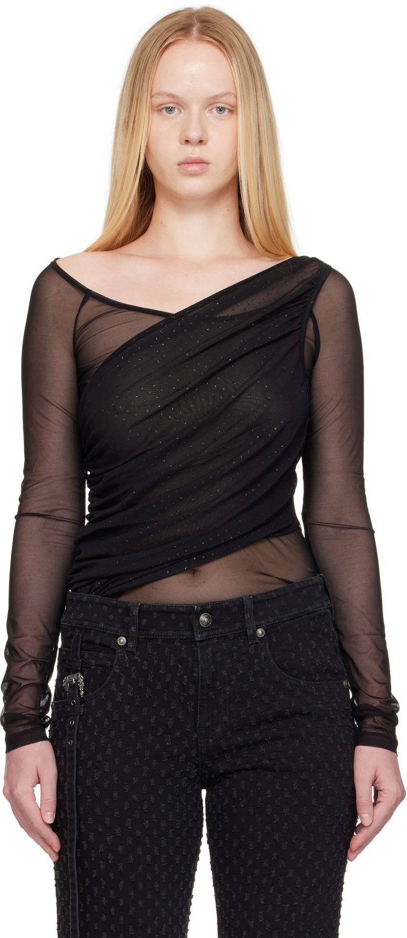 T-paita Versace Versace Jeans Couture 'STR' Tulle Glitter Long Sleeve Top Musta | E78HAH600_EJ0192
