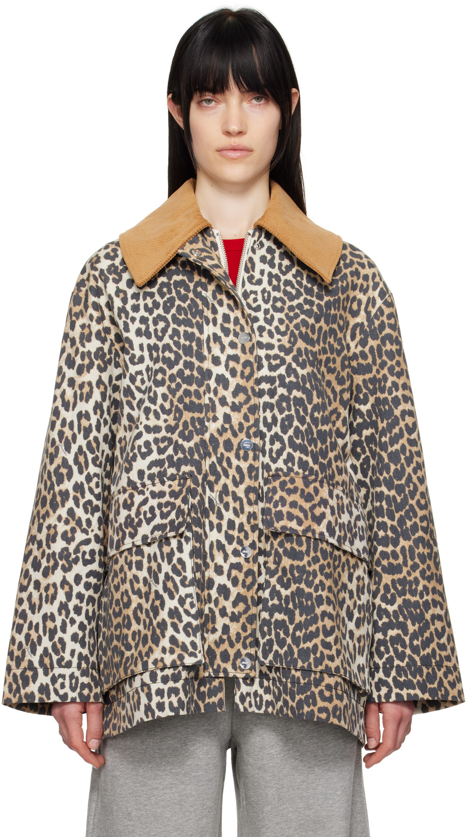 Takit GANNI Ganni Leopard Print Canvas Midi Jacket Beige | W0391, 0