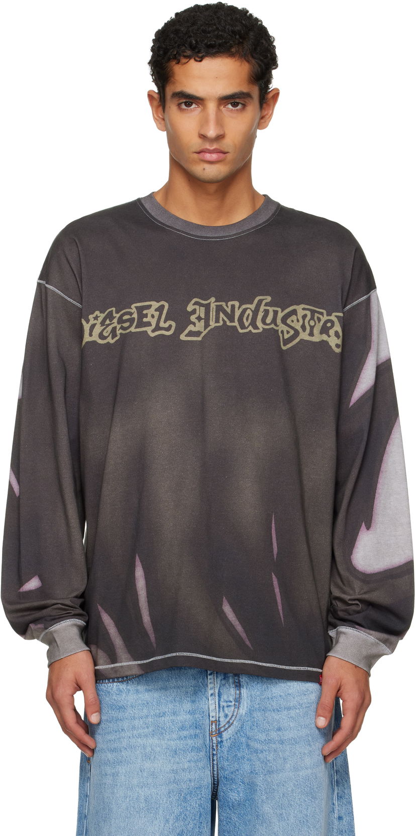 T-paita Diesel VESEL Industry Graphic Faded Long-Sleeve Crewneck T-shirt Harmaa | A21854-0BKBY-98BA