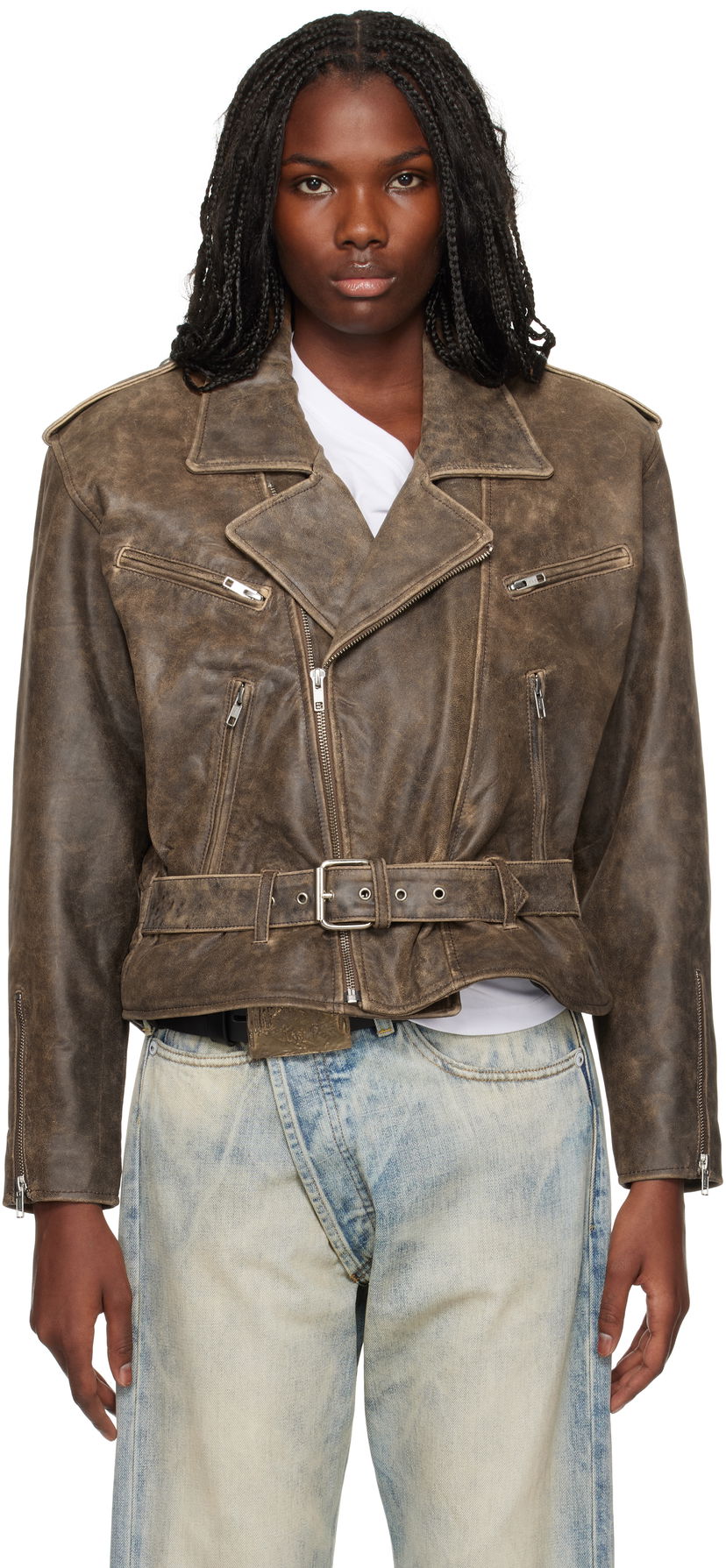 Takki R13 R13 Exaggerated Shoulder Leather Motorcycle Jacket Ruskea | R13WR323-R434A