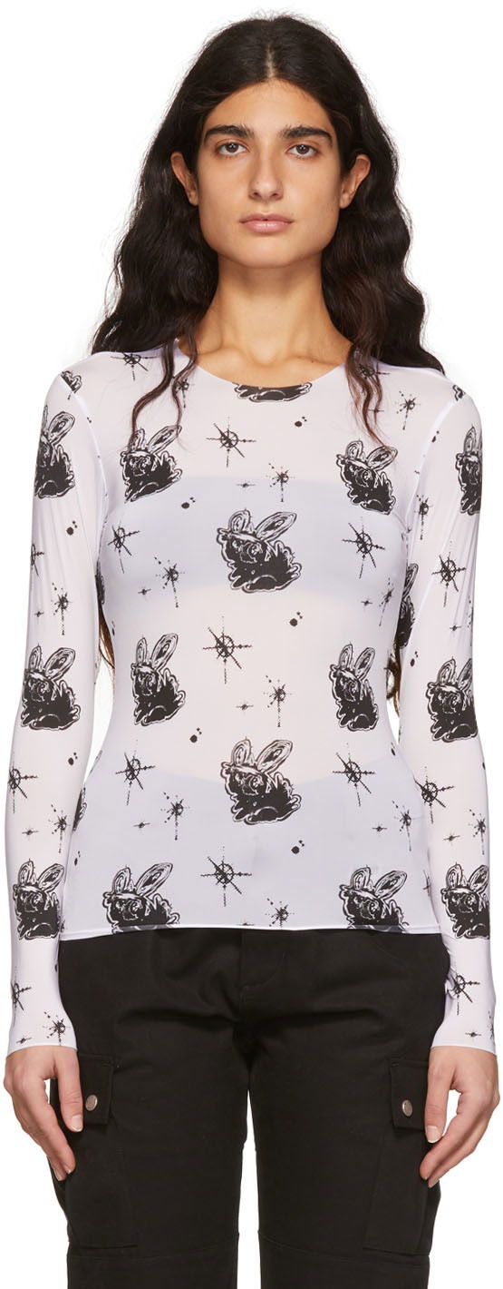 T-paita We11done We11done Semi-Sheer Long Sleeve T-Shirt with Bunny Print Valkoinen | WD-TT1-22-577-W-WH