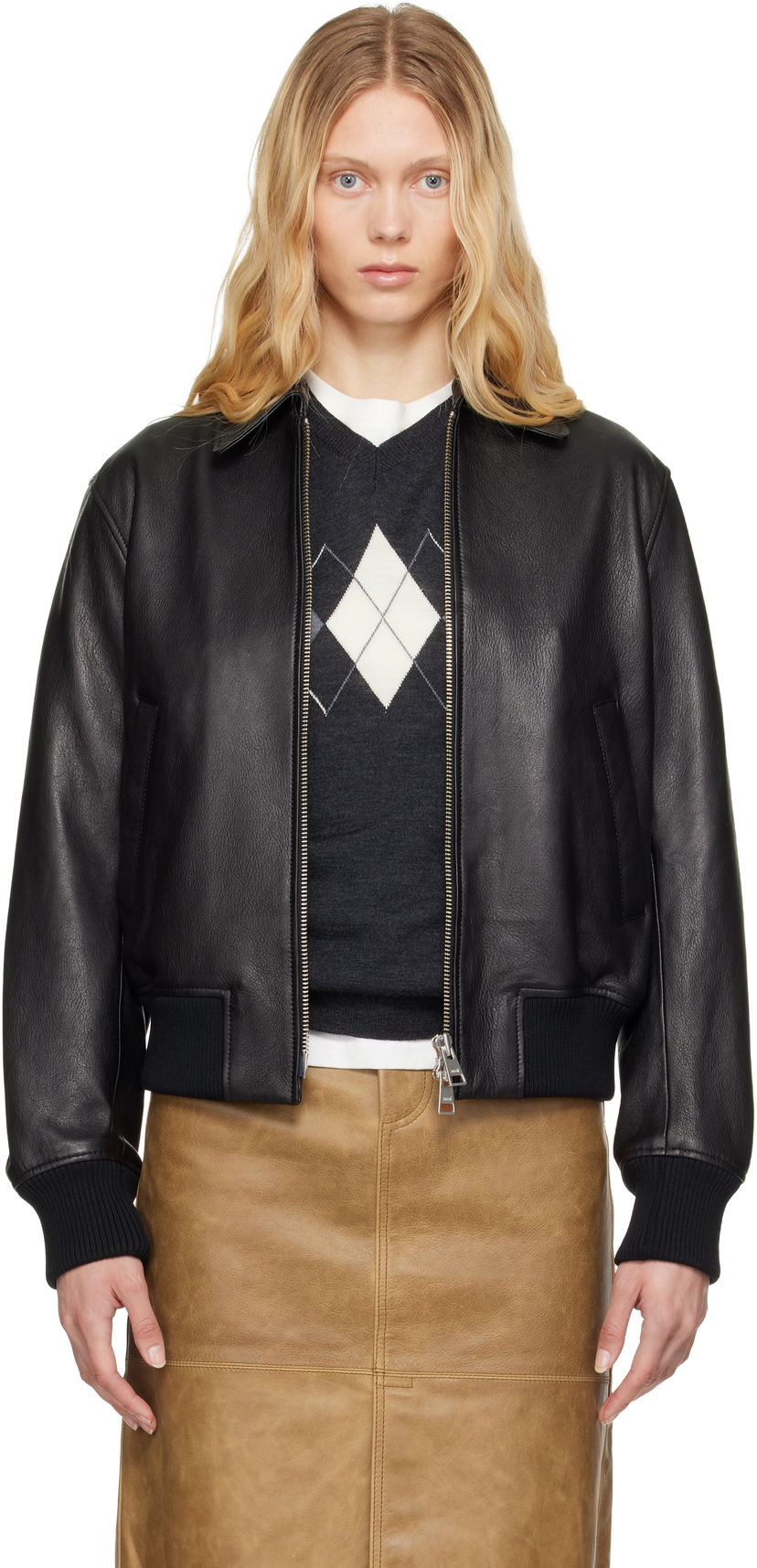 Bomber-takki AMI AMI Paris Zipped Leather Jacket Musta | UJK078.LH0044