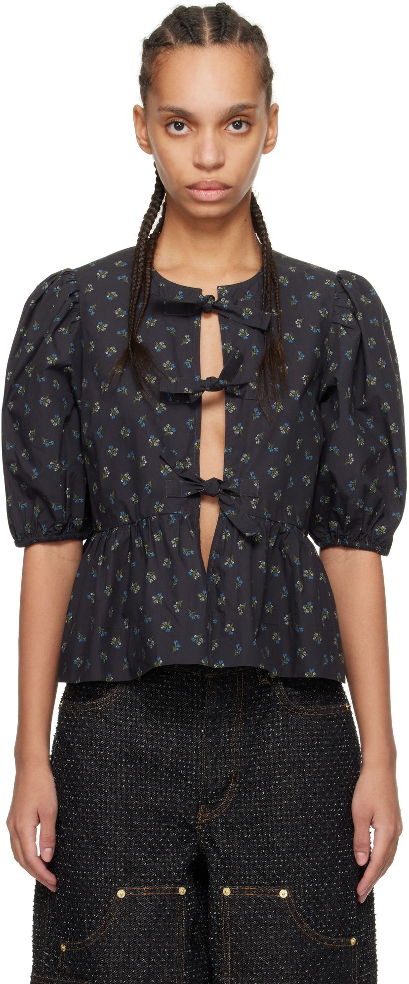 Paita GANNI GANNI Printed Cotton Peplum Blouse Musta | W0152
