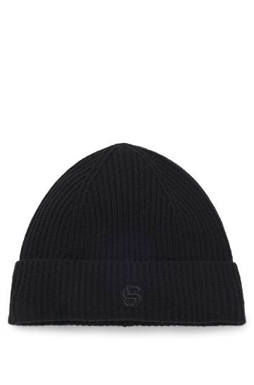 Pipo BOSS Wool-cashmere ribbed beanie hat with Double B monogram Musta | 50557673, 0