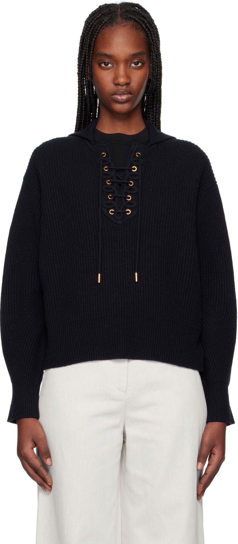 Villapaita Max Mara Max Mara Eccelso Lace-Up Ribbed Knit Hoodie Tummansininen | 2511361161600