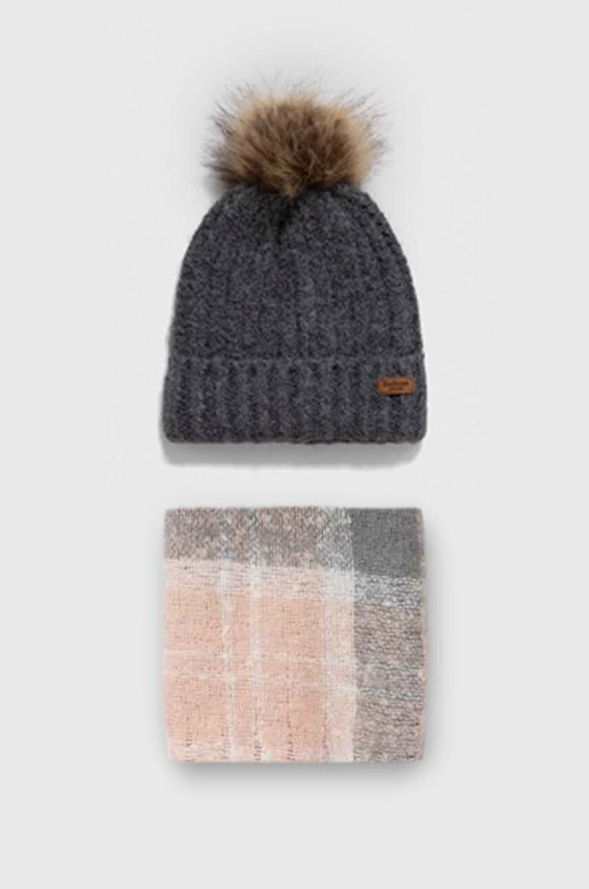 Pipo Barbour Knitted Pom-Pom Beanie Hat and Scarf Set Harmaa | LGS0077