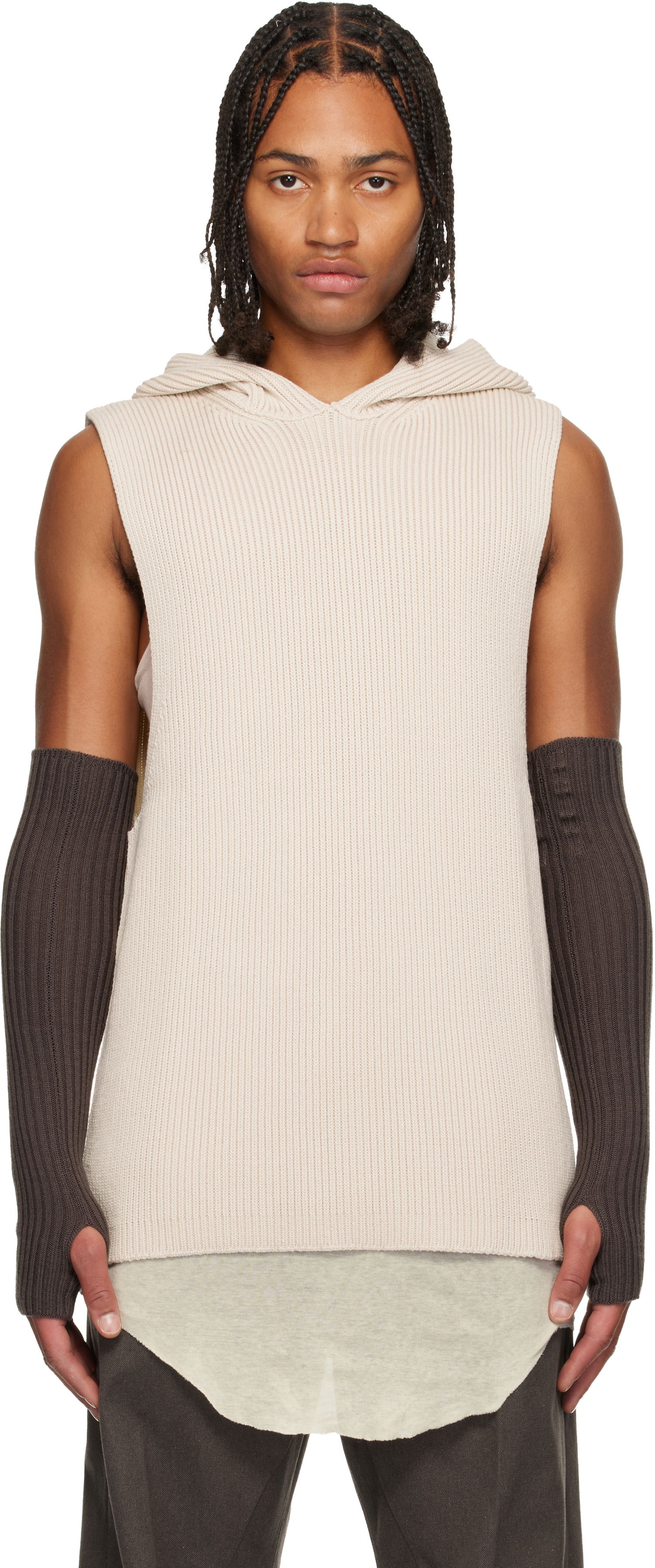 Huppari Rick Owens Rick Owens Ribbed Sleeveless Hoodie with Arm Sleeves Beige | RR02E1680 KWVH, 0