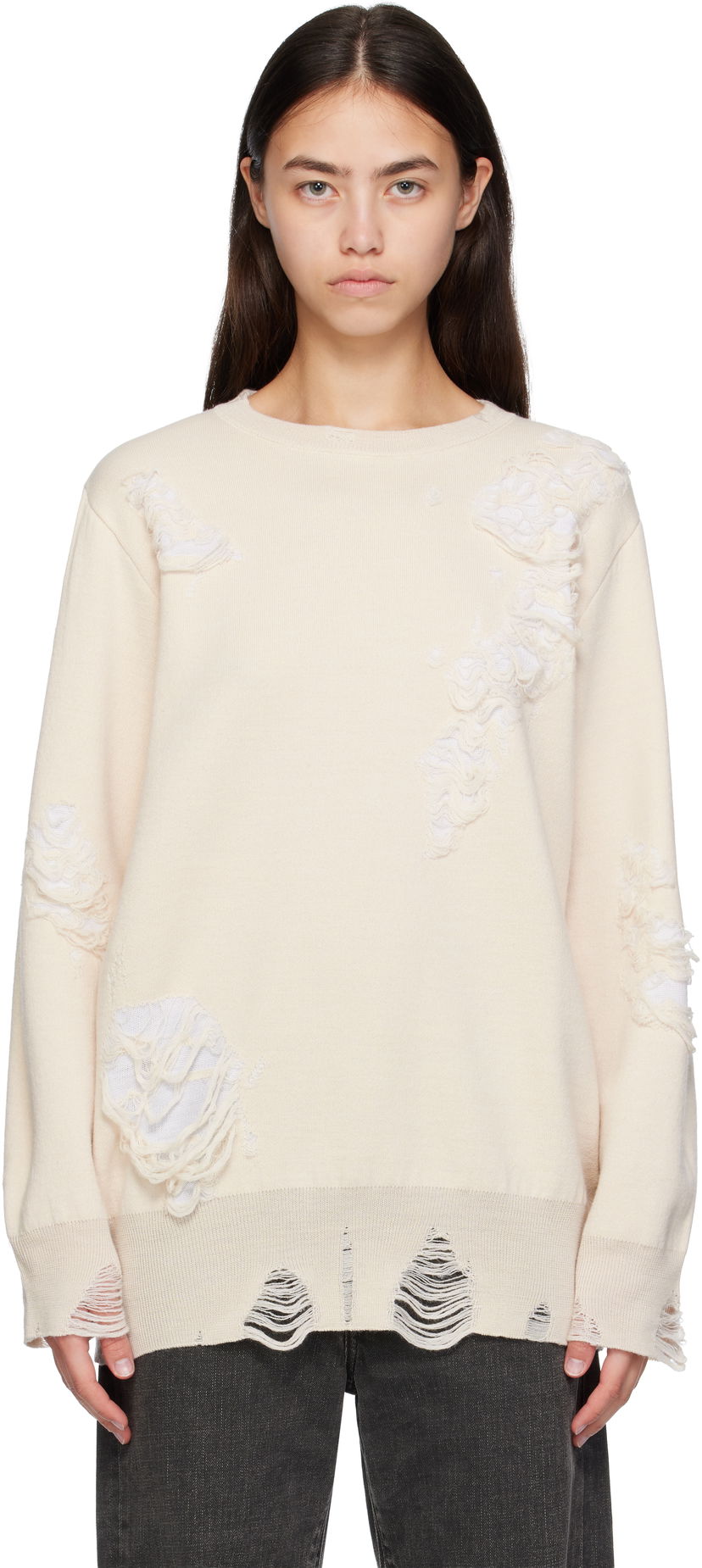 Villapaita Maison Margiela MM6 Maison Margiela Double-Faced Distressed Sweater Beige | S52HL0046 M13131
