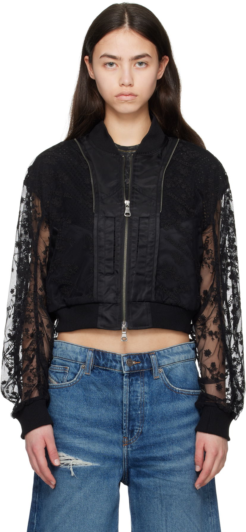Bomber-takki Andersson Bell Andersson Bell Layered Logo Lace Short Bomber Jacket Musta | awa702w