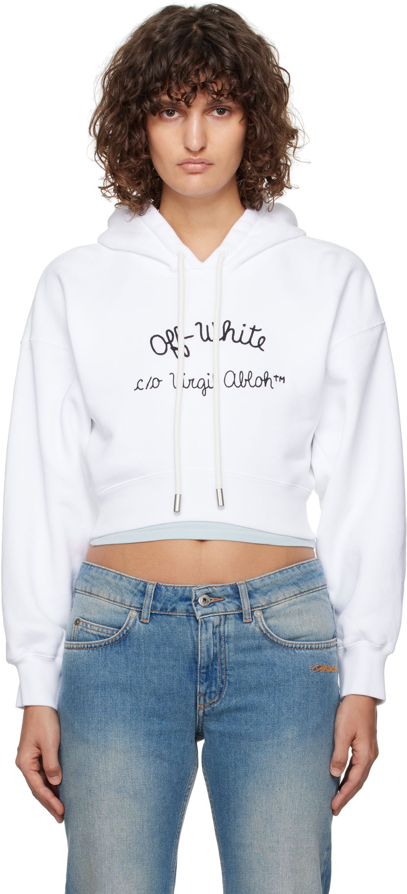 Huppari Off-White Embroidered Script Logo Cropped Hoodie Valkoinen | OWBB056F24FLE0030110