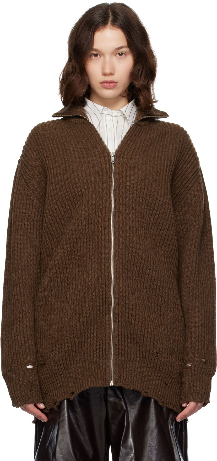 Villapaita Maison Margiela MM6 Maison Margiela Ribbed Knit Zip-Up Sweater Ruskea | S52AM0322 M13138