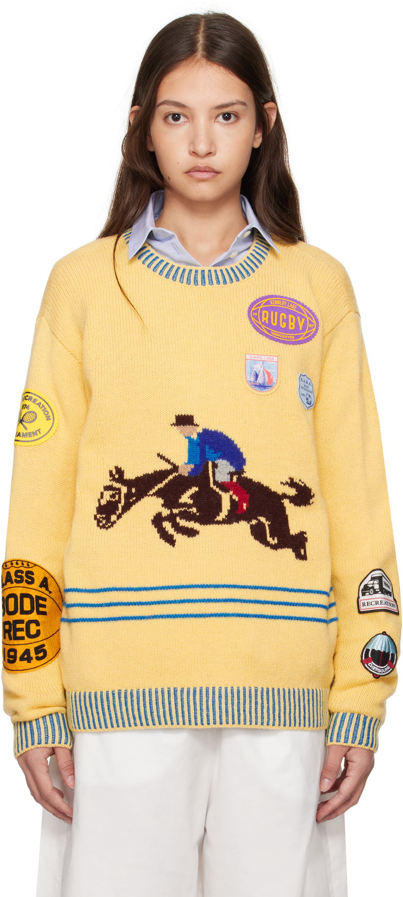Villapaita Bode Jockey Graphic Knit Sweater Keltainen | MRF24KT029