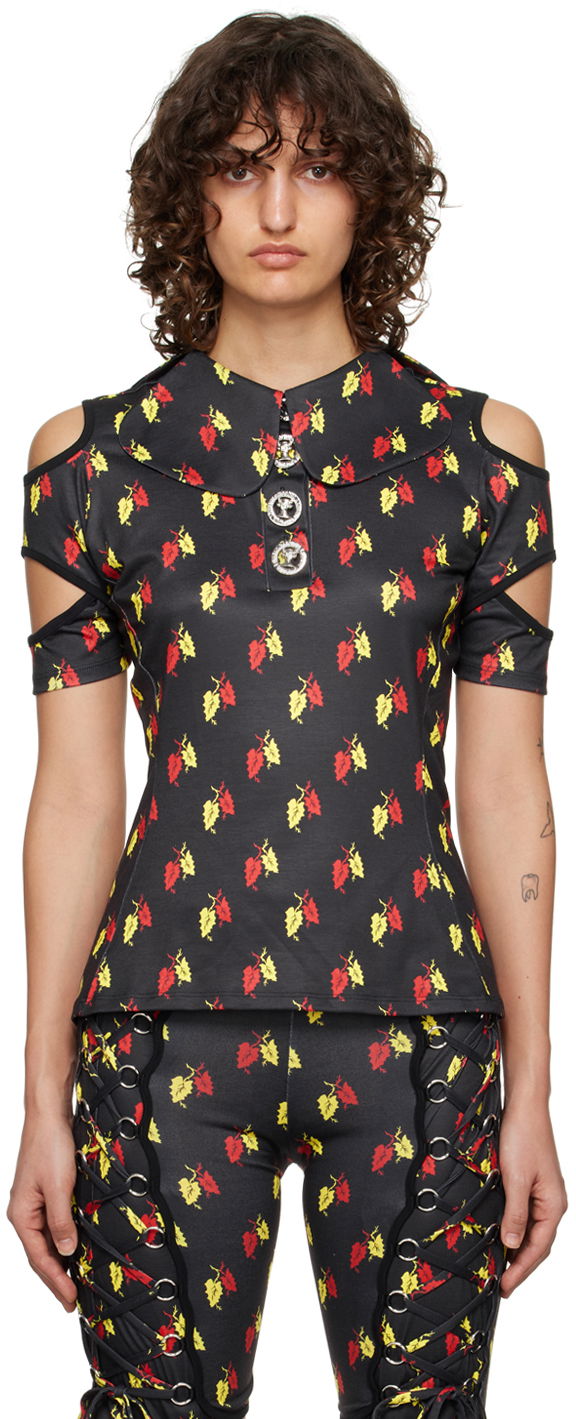 Poolopaita Chopova Lowena Leaf Print Cut-Out Polo Musta | 2162