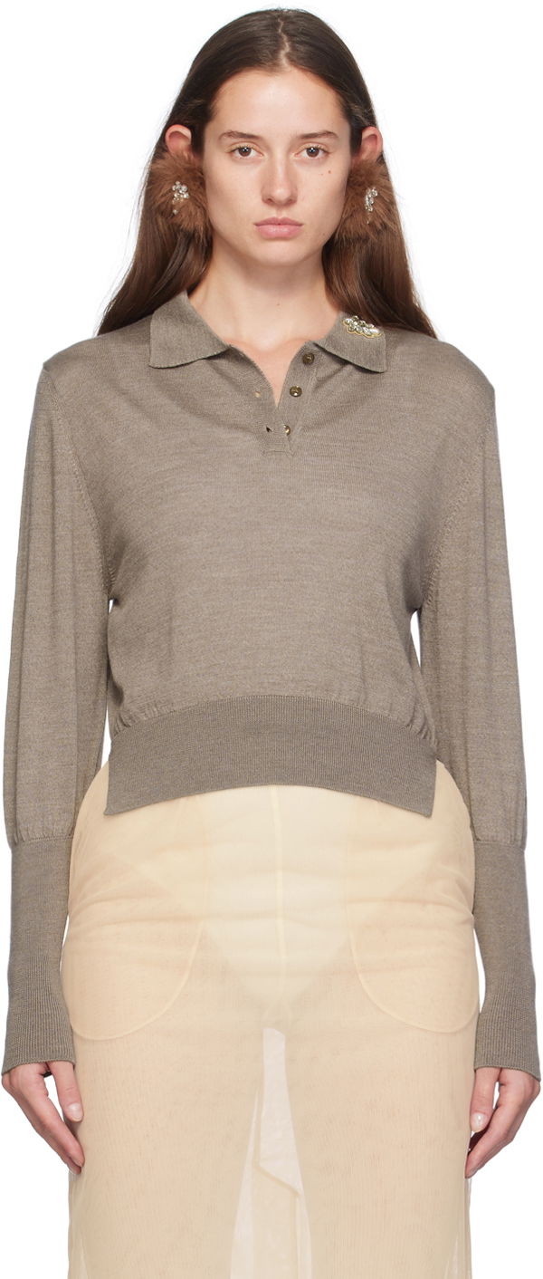 Poolopaita Simone Rocha Simone Rocha Merino Silk Knit Long Sleeve Polo Ruskea | KMK4B 0647